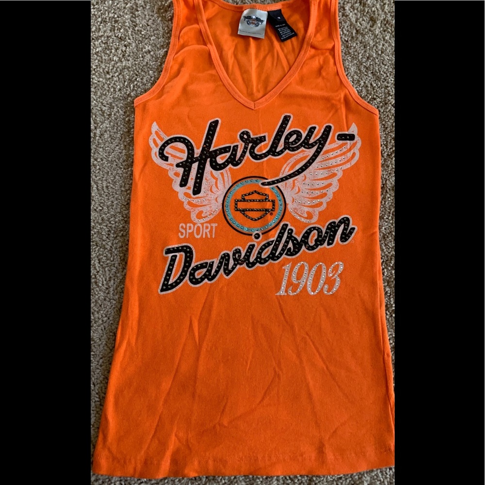 Harley Davidson Orange tank top medium rhinestones